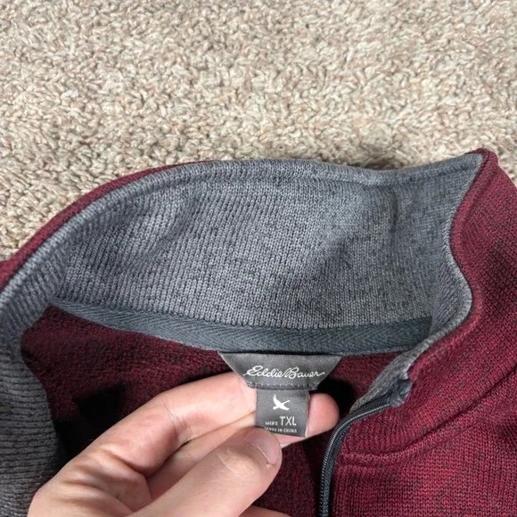 Eddie Bauer Mens TXL Quarter Zip Fleece Pullover Burgundy Marled Sweater Knit - Picture 4 of 9